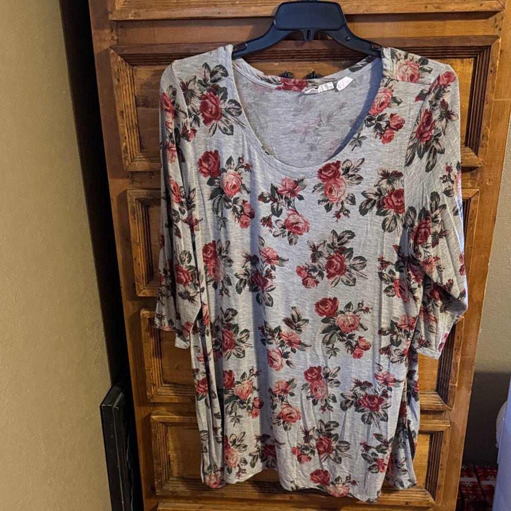 Shabby Chic Gray and Pink Floral Long Sleeve Top